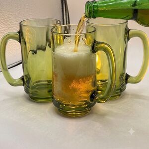 Lot of 3 1970’s Hazel Atlas avocado green beer mugs.